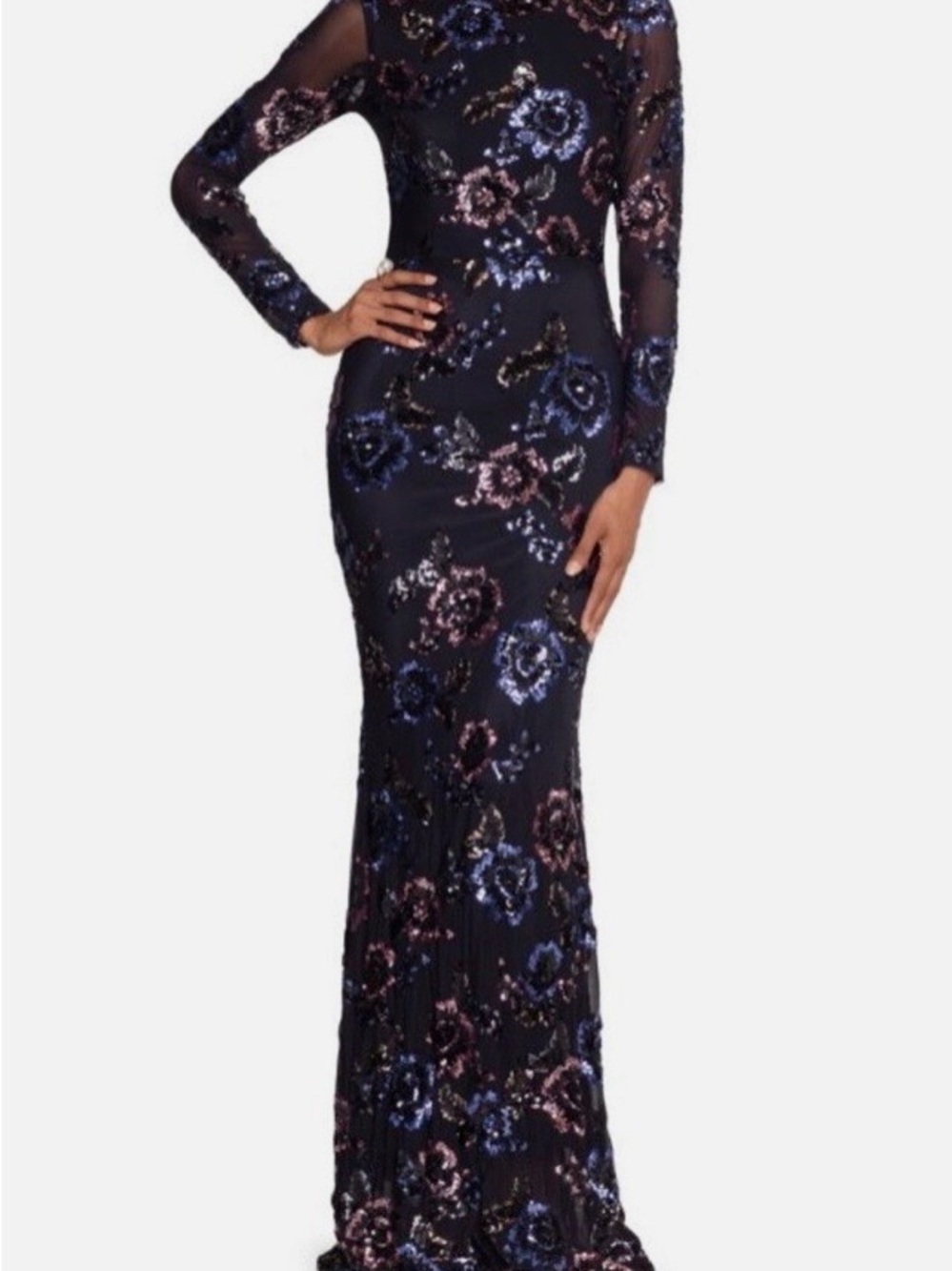Black Sequin Floral Maxi Dress - Long Sleeve Evening Gown